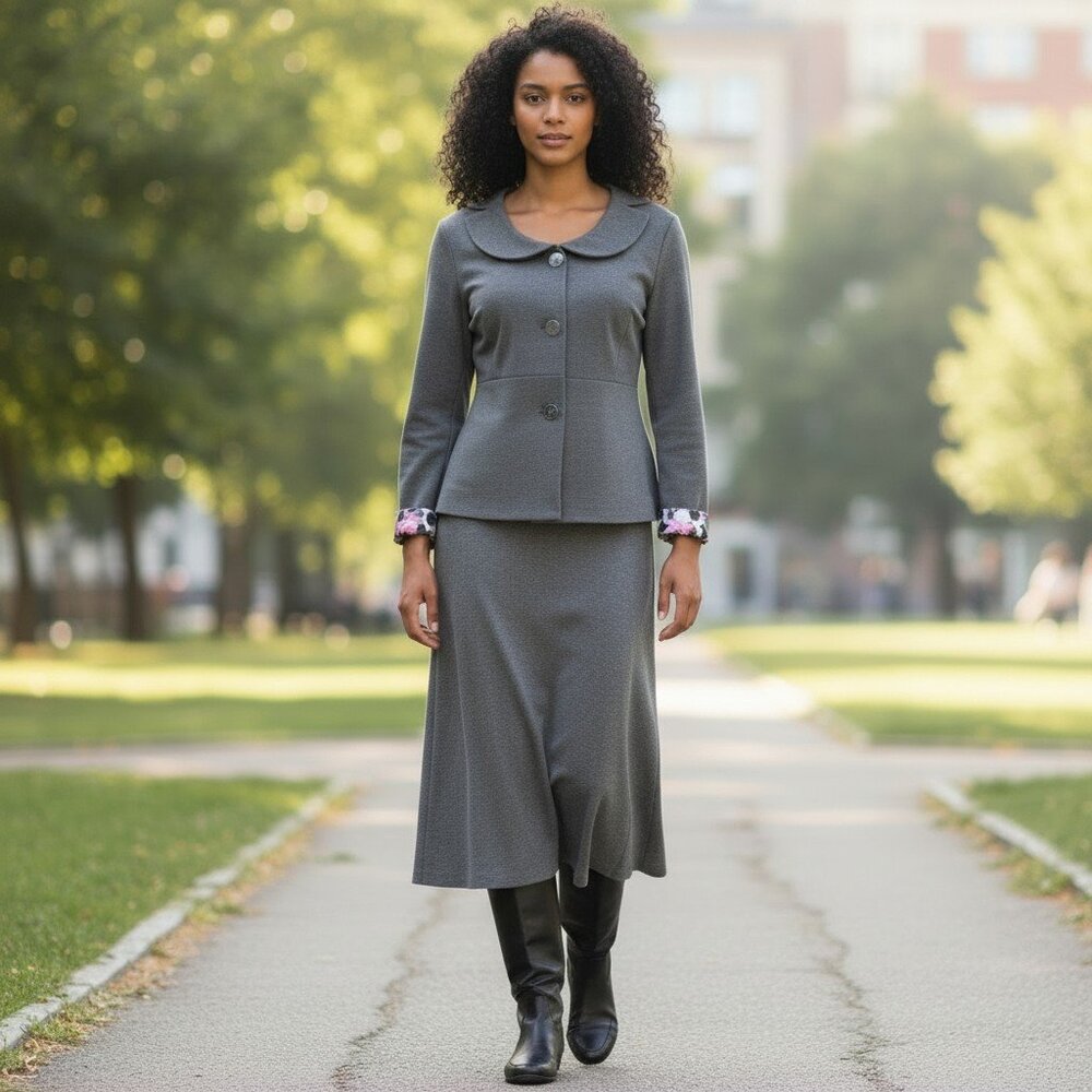 Sandro Grey Blazer Stretchy Peter Pan Coller Polka Dot LIning Peplum Grey Size L